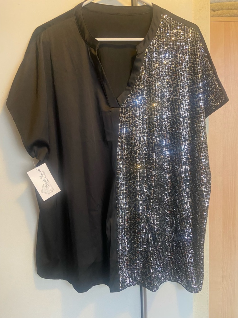 Black Top with Sequin Panel - Sparkling Half-Sequin Tunic